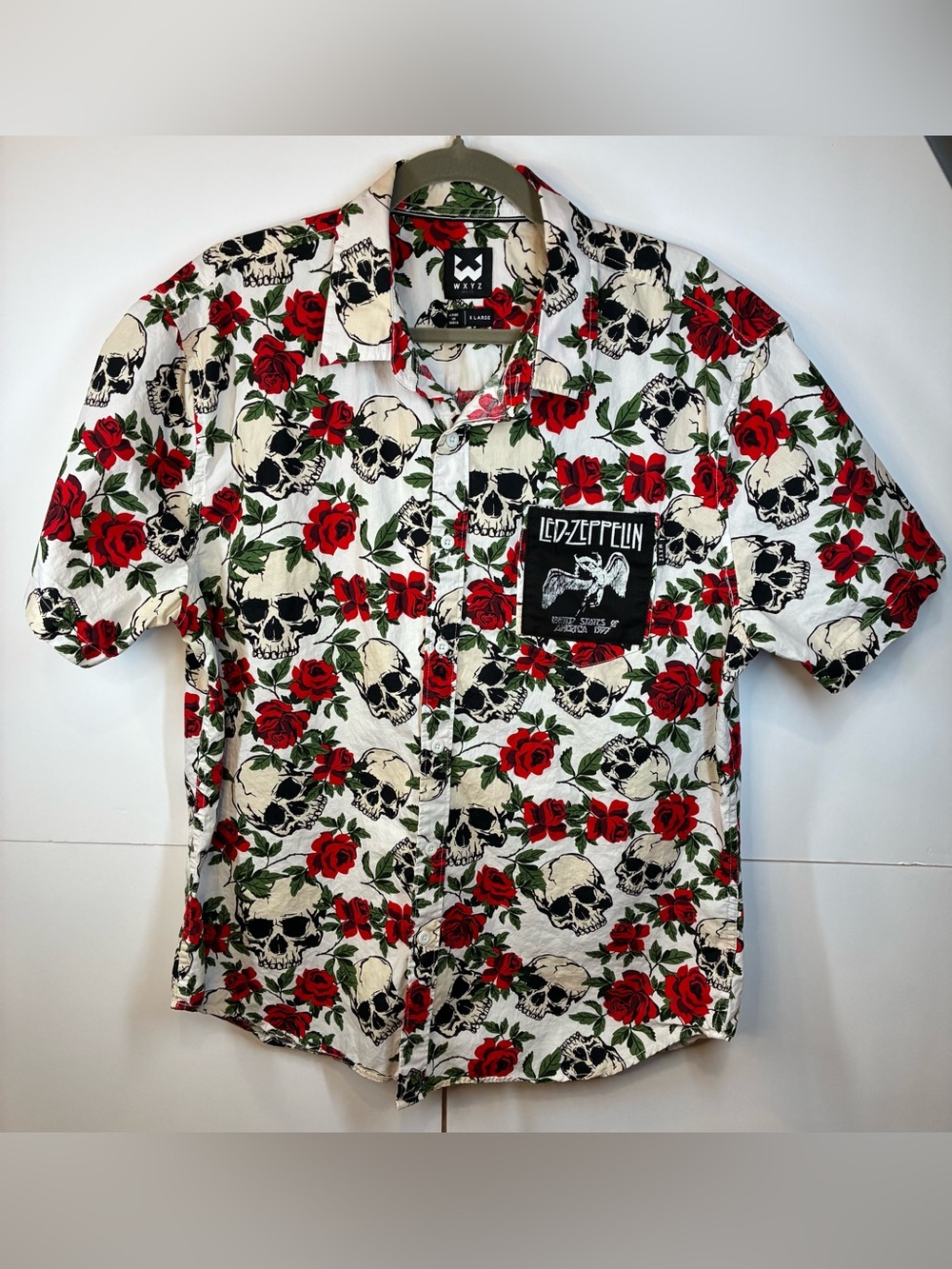 WXYZ Led Zeppelin Skull Rose Button Up Shirt XL Rock Graphic Short Sleeve Men's